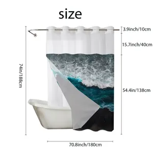 Detailed technical diagram showing dimensions of the beach landscape shower curtain