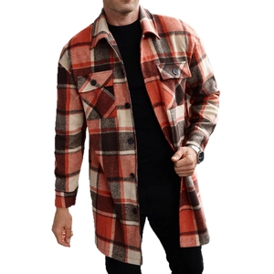 Men's long plaid shirt jacket in orange and brown thick fabric with front buttons