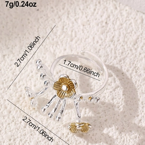 Detail of silver flower ring with gold accent and bead tassels including size measurements