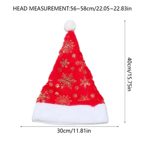 Size specifications for plush red Christmas hat with gold snowflakes: 40cm height, 30cm width