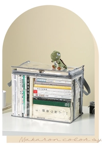 Close-up of clear PVC book storage bag with reinforced grey fabric edges and handles