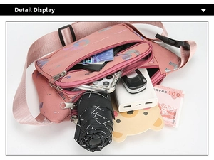 Pink printed oxford waist bag showing large capacity with phone, umbrella and power bank
