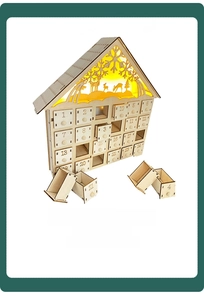 Close-up of wooden advent calendar with 24 numbered drawers and LED forest carving