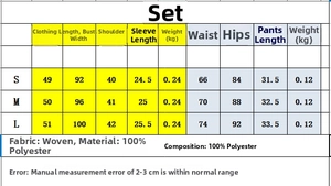 Detailed size chart for striped short sleeve set with dimensions for S, M, and L sizes