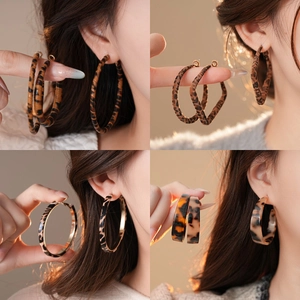 Leopard Print Hoop Earrings Vintage Geometric Resin Jewelry With 925 Sterling Silver Earring Post For Women
