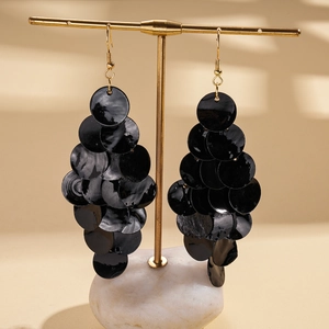 Exaggerated geometric black layered disk tassel earrings with gold metal hooks for women