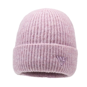 Pale purple ribbed knit beanie for winter with embroidered logo on a white background