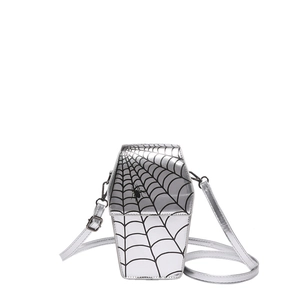 Borsa a tracolla in PU argento a forma di bara con ragnatela nera e ragno 3D decorato