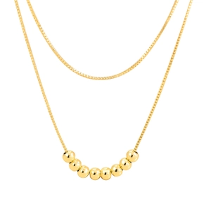 Double-layered 925 silver plated box chain necklace with seven polished gold beads