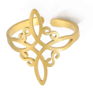 Golden Celtic knot stainless steel open ring with intricate geometric cutout pattern