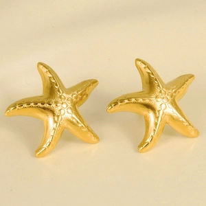 Macro shot of 18k gold starfish stud earrings showing fine texture and metallic luster
