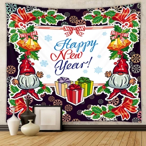 Detailed view of Happy New Year tapestry with festive gnomes and holiday gift boxes