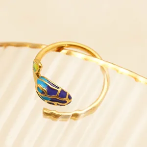 18K gold-plated stainless steel open ring with colorful enamel branch leaf texture