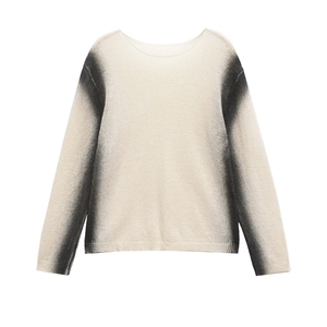 Women's long sleeve knit sweater with a soft cream to charcoal grey gradient design