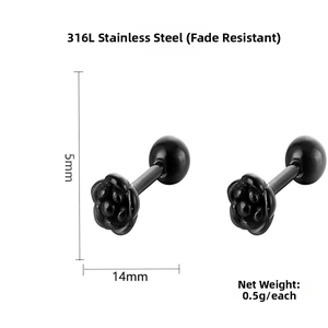 Detailed dimensions of 5mm black titanium steel rose stud earrings with 316L material