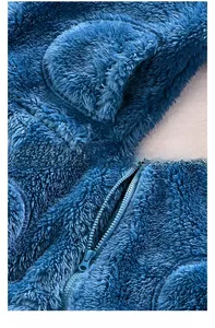 Detail of fleece jacket showing zipper closure and soft plush fabric for kids