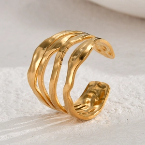 Minimalist gold stainless steel open ring with multilayer wavy hammered texture finish