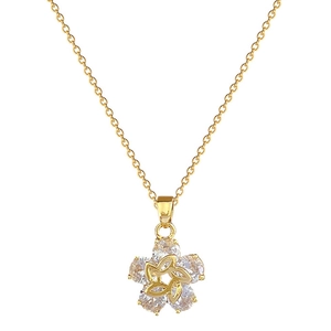 Titanium steel rotating flower necklace with zircon petals on a gold chain