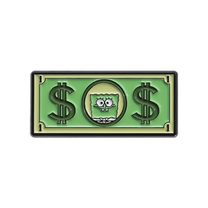 Épinglette en émail billet de dollar vert avec personnage Bob l'éponge sur fond blanc