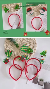 Detail of Christmas headband showing colorful festive charms with springs and plush ornaments