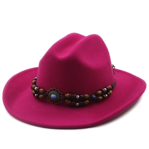 Classic rose red wool felt western cowboy hat with bohemian beaded band and blue turquoise