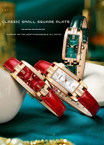 Detailed close-up of rectangular quartz watches with diamond bezels and leather straps