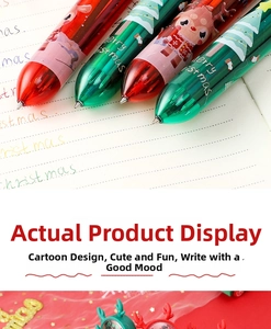Detail of Christmas retractable multicolor pen featuring reindeer and festive patterns