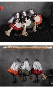 Three Halloween witch dolls with rope brooms and colorful skirts for party decoration