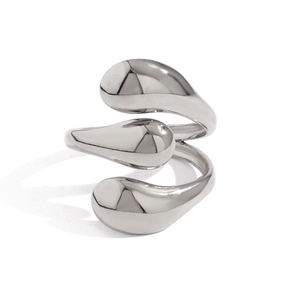 Detail shot of a silver lava-style stainless steel ring with a multi-layered teardrop design