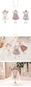 Detailed close-up of plush Christmas angel ornaments with sequins and wooden beads