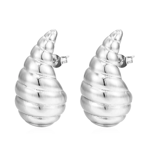 Silver teardrop spiral earrings in polished stainless steel with a shell-shaped design