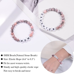 Pink zebra stone bracelet set for Mom and Daughter with letter beads on gift card