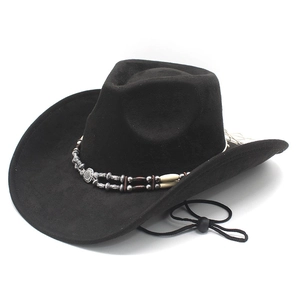Western black suede cowboy hat with beaded band, wide rolled brim and adjustable chin cord