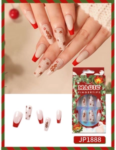Detail showing Christmas themed press-on nails with gingerbread and star patterns