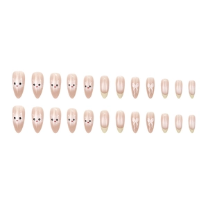 24pcs almond press-on nails featuring pink gradient, cute cat art, and white bows