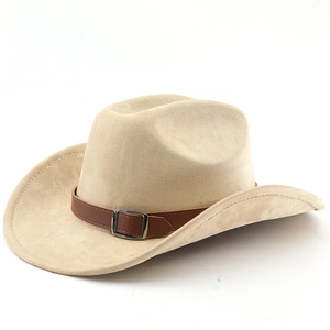 Klassischer beiger Cowboyhut aus Filz mit geschwungener Krempe und braunem Lederbanddetail