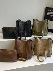 Retro large capacity tote bag set with woven texture in four classic neutral colors