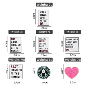 Detailed size chart for Taylor Swift lyric enamel pins showing heights of 2.6cm to 3.0cm