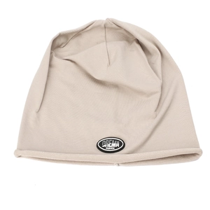 Beige slouchy beanie hat with Dream Fashion rubber patch and stylish rolled edge