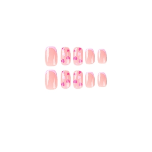 Pink French tip press on nails with sweet red heart patterns in a short square shape