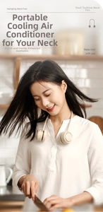 Close-up of model wearing cream neck fan with dual turbines in a bright kitchen