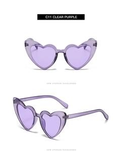 Detail of clear purple heart sunglasses showing front and 45-degree angle profile view