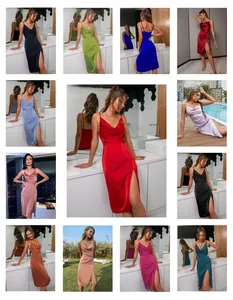Collage de robes nuisettes en satin élégantes montrant diverses couleurs et fentes chic
