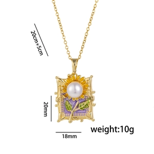 Baroque pearl necklace with purple sunflower enamel pendant and golden frame detail