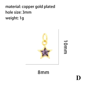 Macro detail of gold plated copper star charm with purple zircon and dimensions
