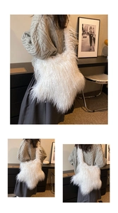 Detail view of a soft white plush shoulder bag made of fluffy faux fur material