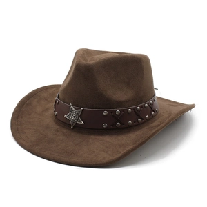 Classic dark brown western cowboy hat in suede finish with sheriff star metal badge