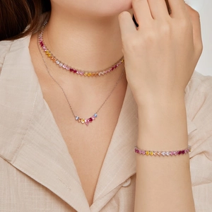 Elegant S925 silver necklace and bracelet set with colorful rainbow heart zirconia