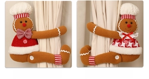 Gingerbread man Christmas curtain tiebacks featuring festive knit outfits and plush fabric