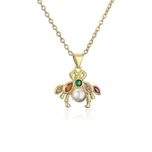 Golden bee necklace with colorful zirconia and pearl pendant on a thin chain